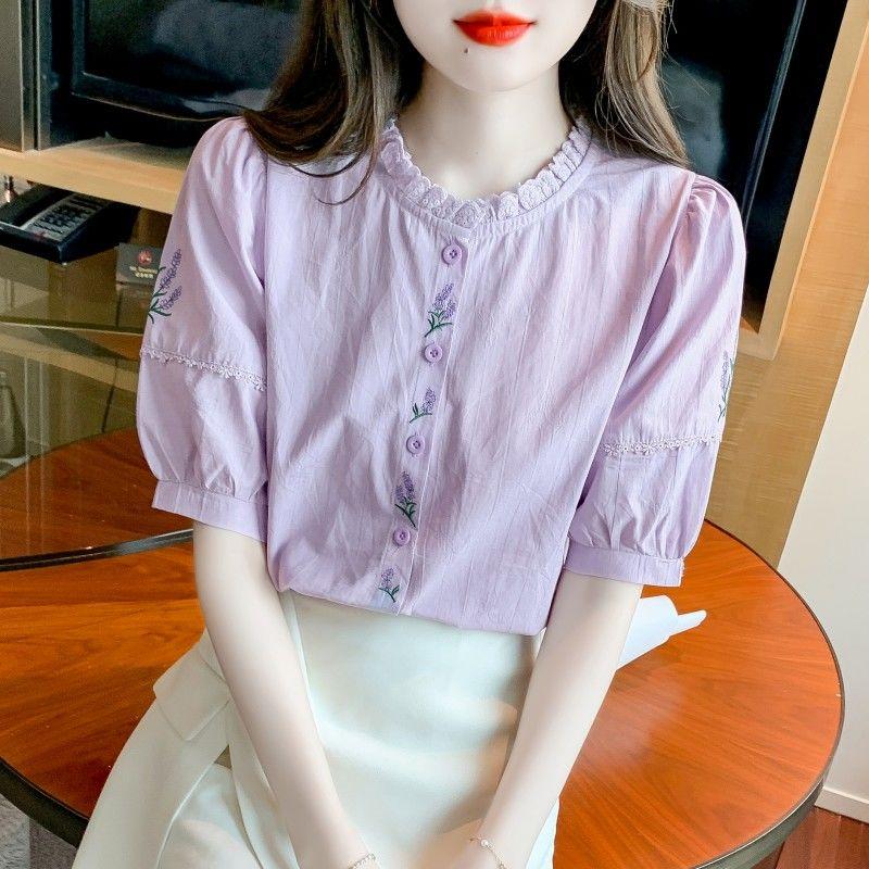 New Summer Women's Fashion Age-reducing Embroidered Cotton Shirt for Women's Fashionable Cotton Puff Sleeve Loose Top
