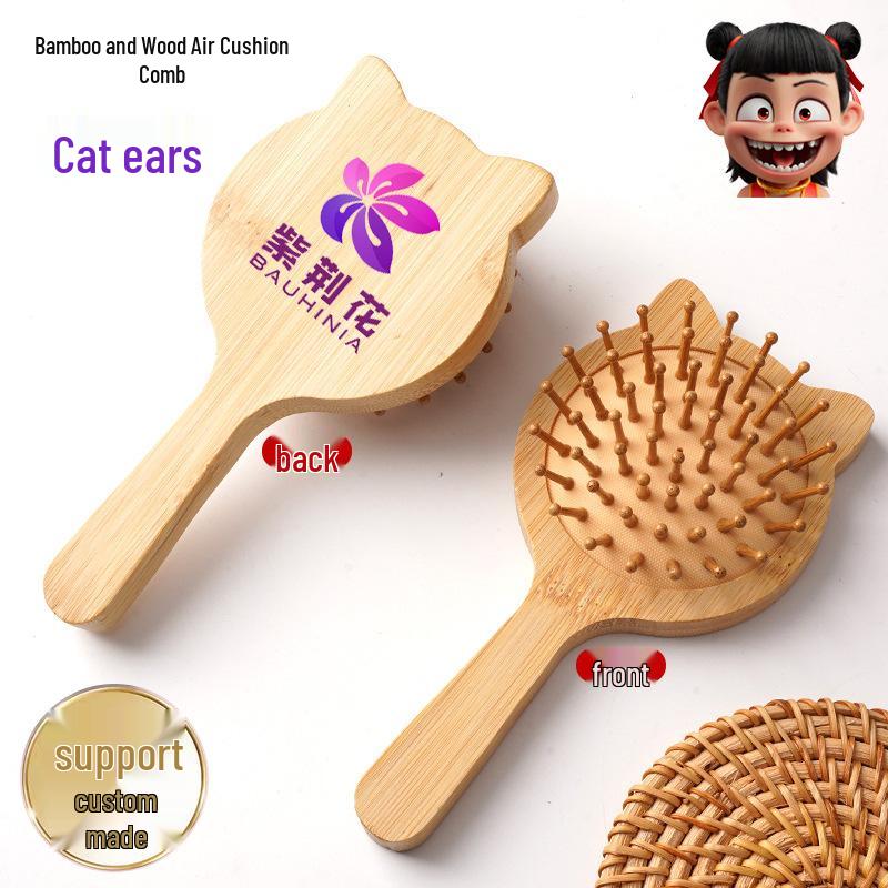 

Bamboo Cat Ear Cushion Comb - Airbag Massage & Custom Logo Event Gift No Print