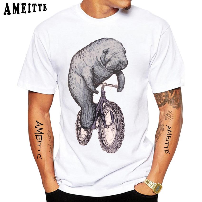 Vintage Shark Riding A Bicycle Vinyl T Shirt Summer Pattern Funny Tops Men S Short