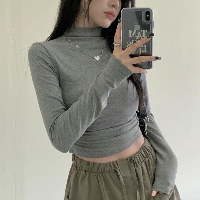 Women's Spicy Girl Ruched Semi-High Neck Slim Fit Long Sleeve Top