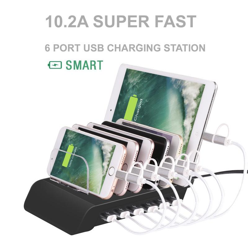 USB-Ladestation, 6-Port-Universal-Desktop-Dockingstation mit abnehmbaren Leitblechen, Ständer-Organizer
