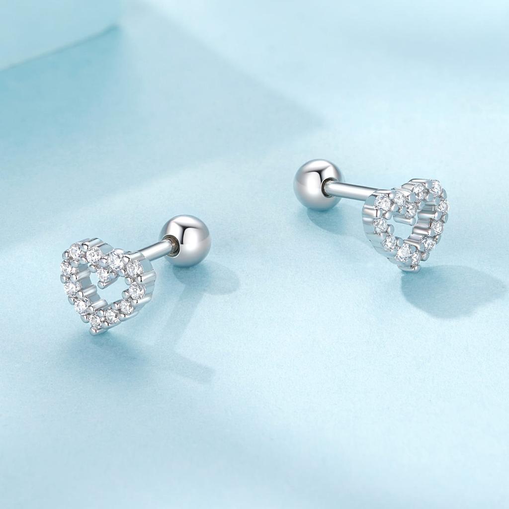 Heart Crystal Stud Earrings for Children, Silver 925