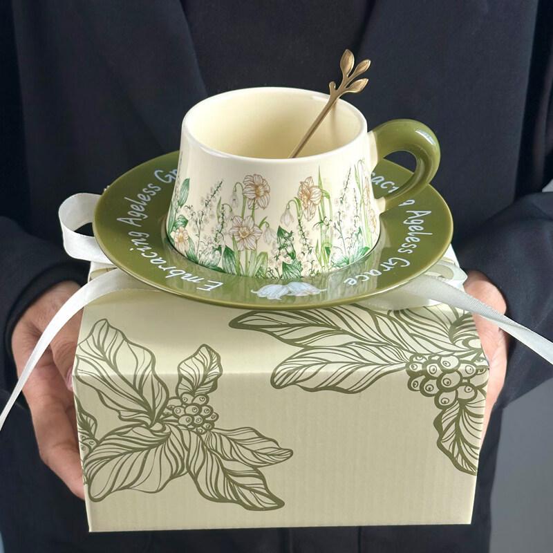 Oil Painting Wind Chime Flower Ceramic Coffee Cup and Saucer Set