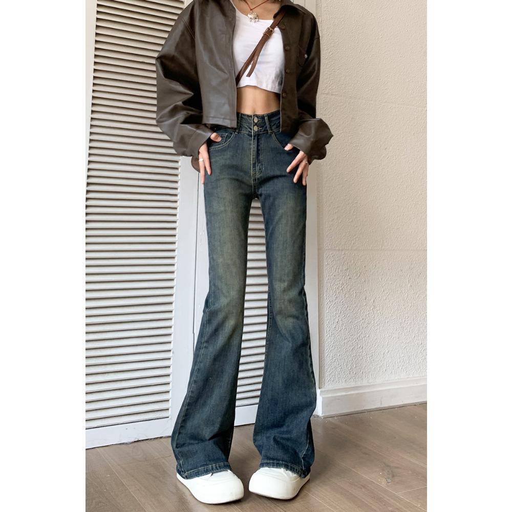 Women s High Waist Flare Jeans Vintage Washed Slim Bootcut Pants Medium Stretch Denim Trousers For Petite Women Casual Long Jeans XS