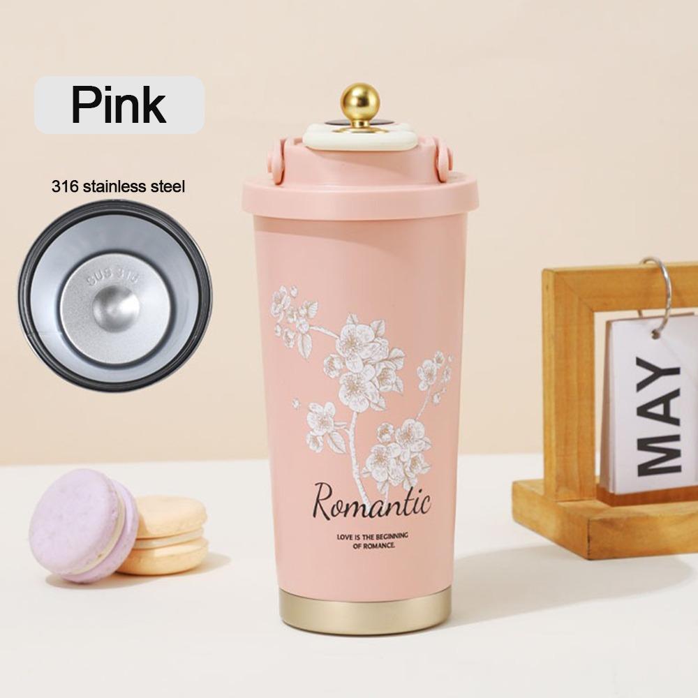 Durable 530ml Water Cup 316 Stainless Steel Leak-proof Coffee Mug with Carrying Handle Large Capacity Straw Cup