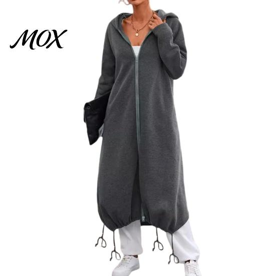 Women Outdoor Coats Long Hooded Jacket for Fall Winter, Loose Oversized Casual Autumn Zip-Up Outerwear Coat, Solid Color Tunic Hoodie Top with Pockets