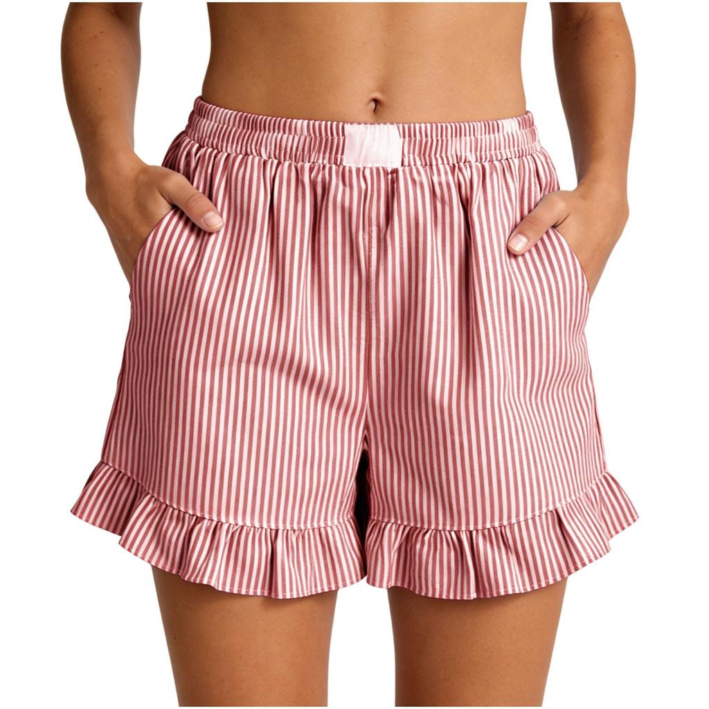 Pantaloncini estivi casual a righe da donna con elastico in vita, bordo arricciato e tasche laterali, vestibilità ampia, design leggero