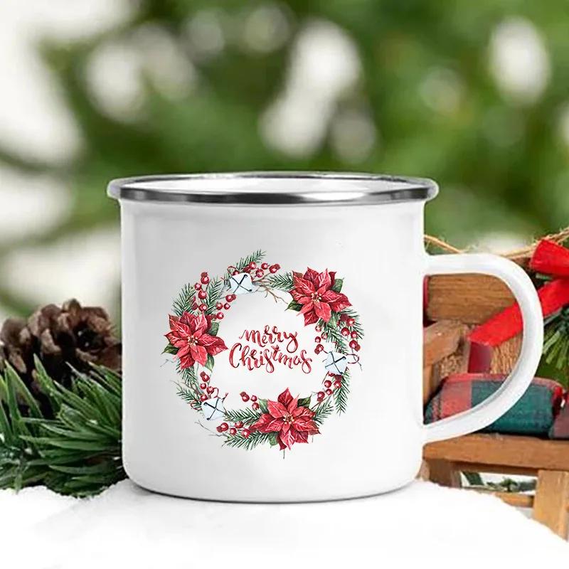 Merry Christmas Print Creative Enamel Coffee Tea Wine Drink Mug Dessert Hot Cocoa Milk Cup Cake Mugs Handle Drinkware Xmas Gifts