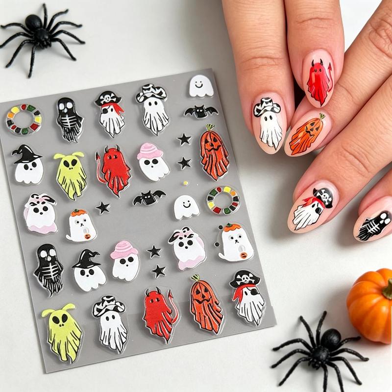 1 Feuille Autocollante Décalcomanies pour Ongles Autocollants Halloween 5D texturés pour Ongles avec Motifs Fantôme Citrouille Sorcière Curseur Manucure