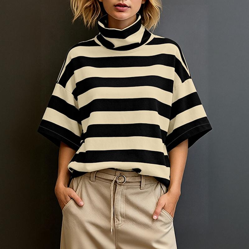 ZANZEA Women Turtleneck Loose Casual Half Sleeve Stripe Blouse