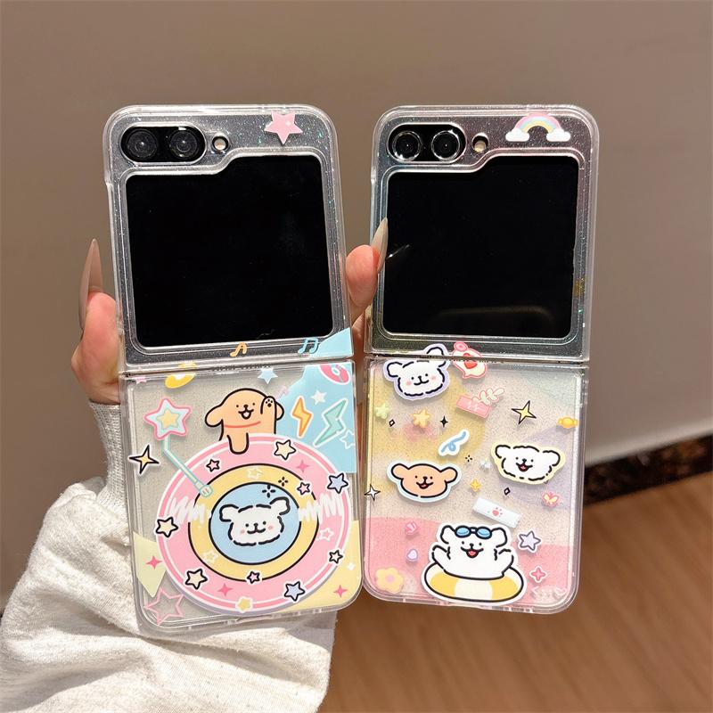Korean Cute Puppy Phone Case For Samsung Z Flip 7 6 5 Cover Clear Cartoon Hard Cases for Galaxy Z Flip5 Flip6 Flip7 Kawaii Funda