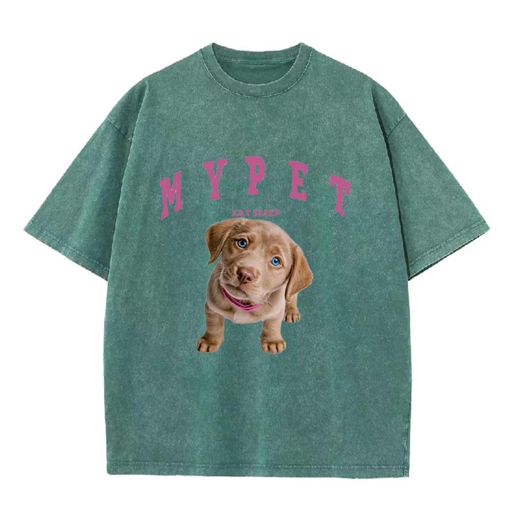 2026 Vintage Washed Black Cute Labrador Puppy My Pet Letter Graphic T Shirt Animal Print Oversized Casual Short Sleeve Tee