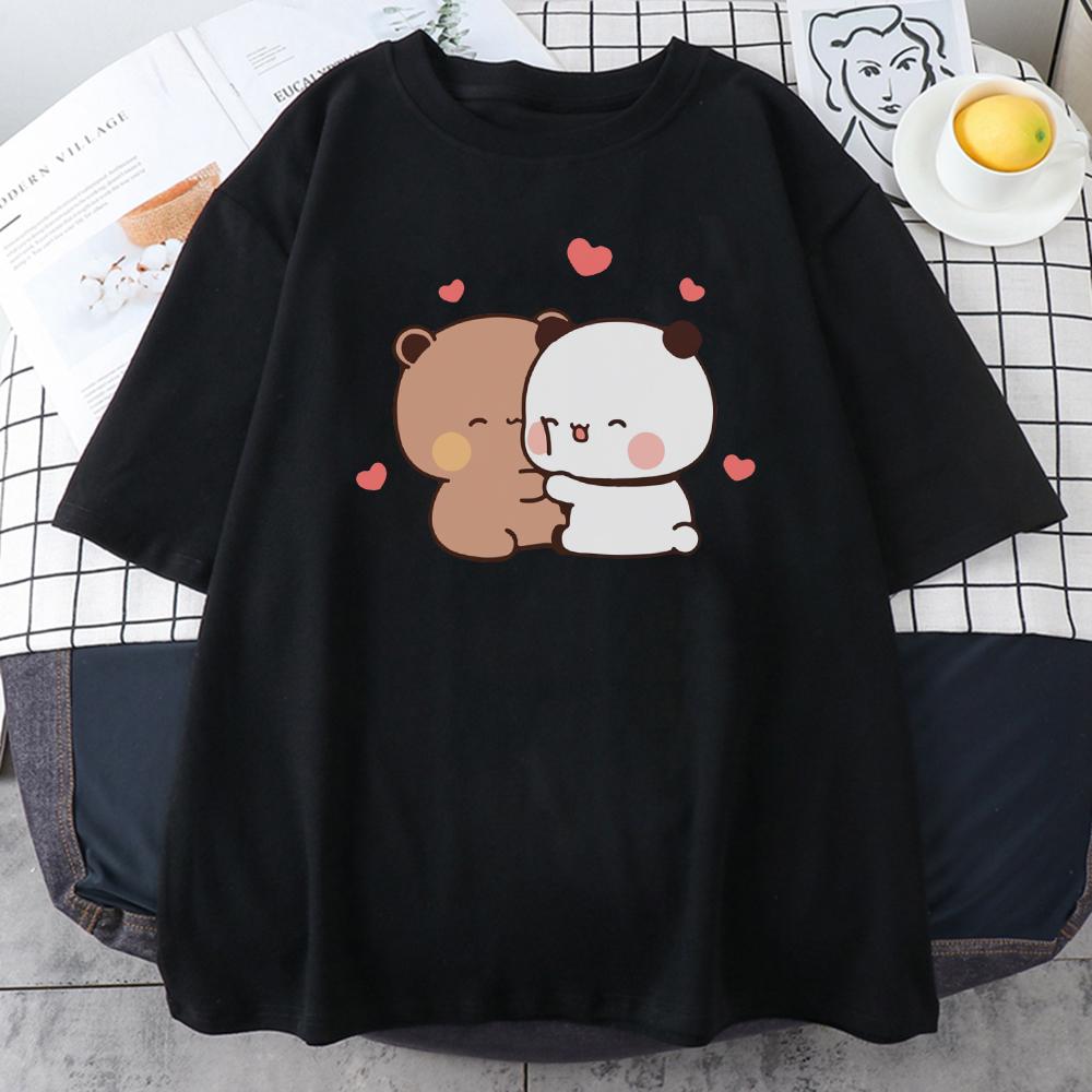 Panda Bear Bubu and Dudu Cute T Shirt Oversized EU Size 100 Cotton Women Tops Cartoon Print Pink Tees ONeck Anime Korean Style