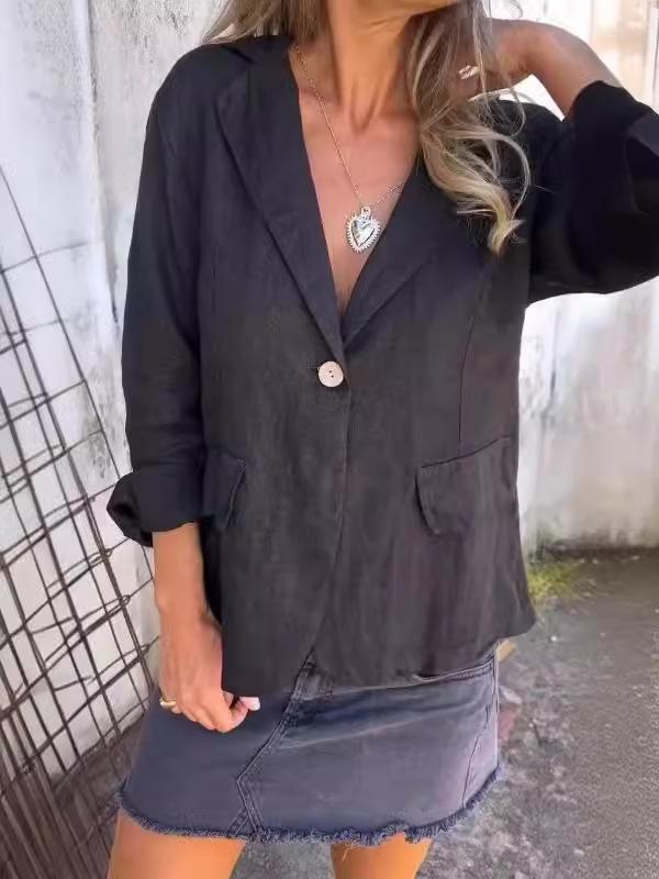 2024 Early Autumn Women's Plus Size Loose Cotton Linen Blazer with Notch Lapel Buttons