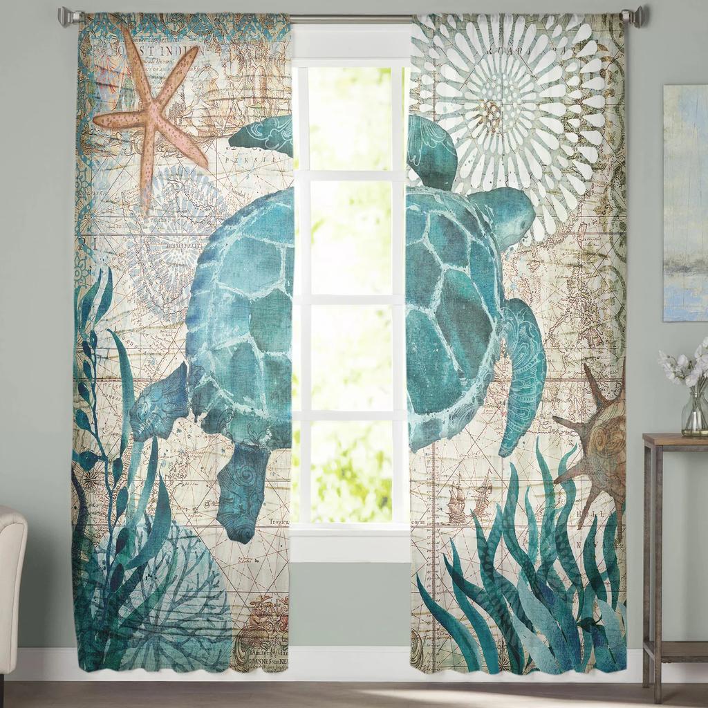 Sea Turtle Ocean Creature Landscape Voile Curtains Living Room Bedroom Transparent Tulle Window Drapes Curtain With Sheer Polyester Perfect For Area