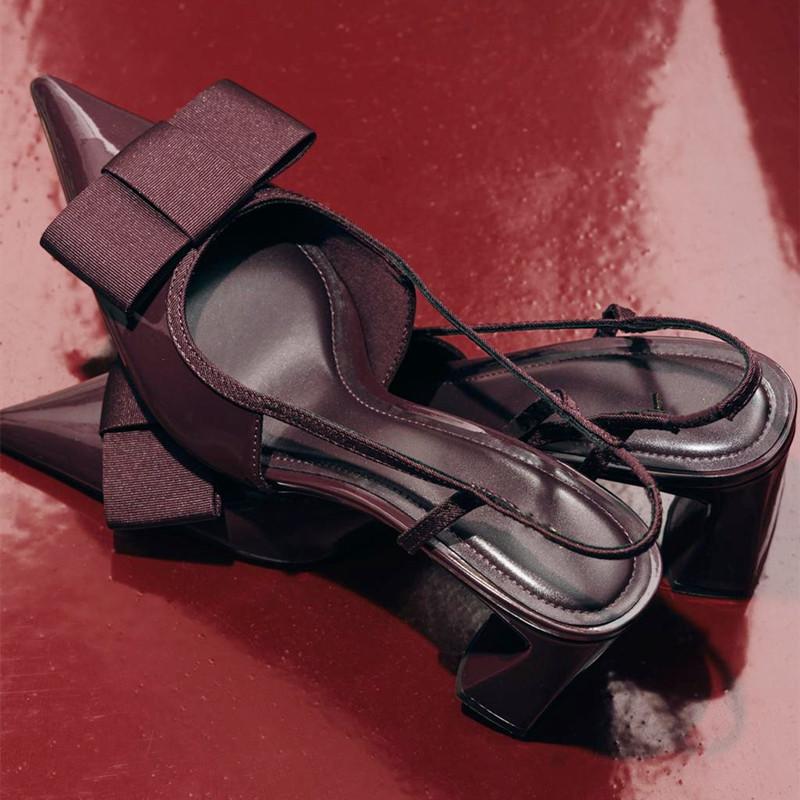 Fashion Sexy Burgundy Patent Leather Pointed Toe Pumps Women Fashion Bow Slingback Brand Designer Shoes Elegant Cozy Banquet Dress Shoes