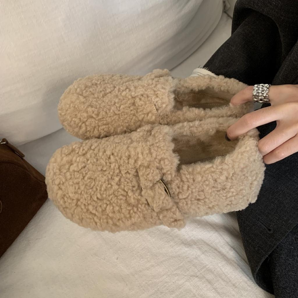 2025 New Korean Version of Round Head Boken Thick-soled Fluffy Plush Warm Outer Wear Snow Single Women's Shoes