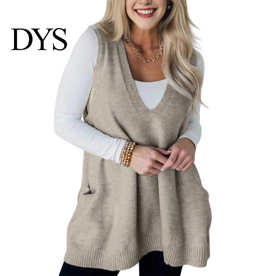 Sand Line Texture Vest Women Sweater V-neck Sleeveless Pockets Mid-length Knitting Jumper Tops Solid Color Autumn Winter Casual Knitwear Season