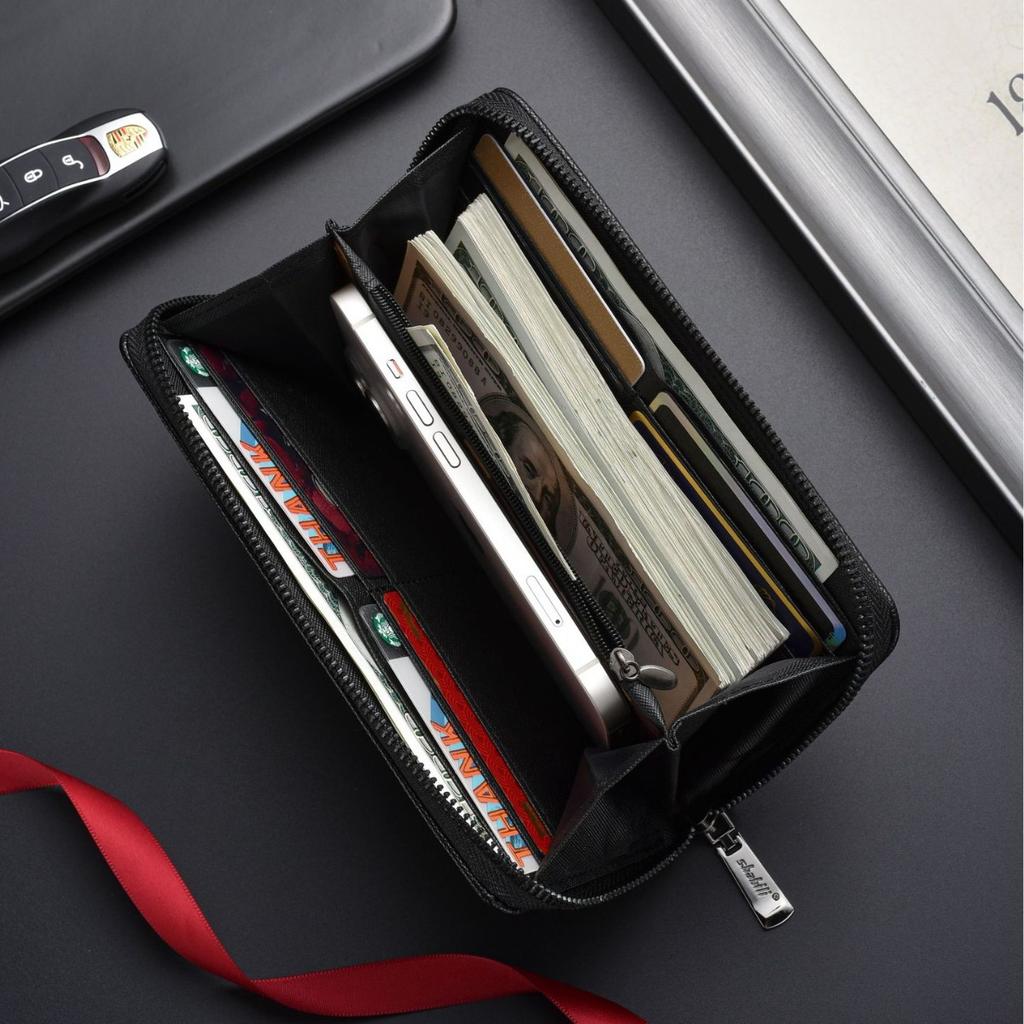 Men Wallets Long Wallet with Lychee Pattern, Leather Card Holder, Coin Purse, Clutch Bag, Business Style