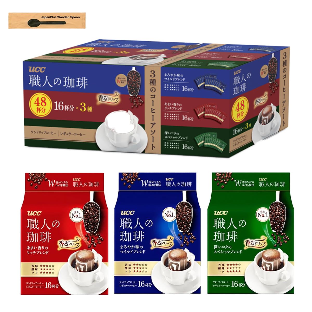 

Набор кофейных напитков Artisan Coffee Drip, 3 вида x 16 шт. Всего 48 упаковок. Сравнение напитков в ассортименте. Япония. В комплект входит деревянная ложка.