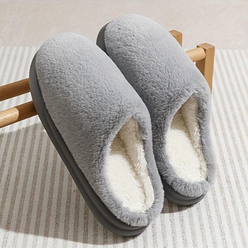 Warm and Comfortable Thickened Men's/Women's Solid Color Plush Slippers with Faux Fur Lining, Autumn and Winter Soft Sole Comfortable Home Slippers
