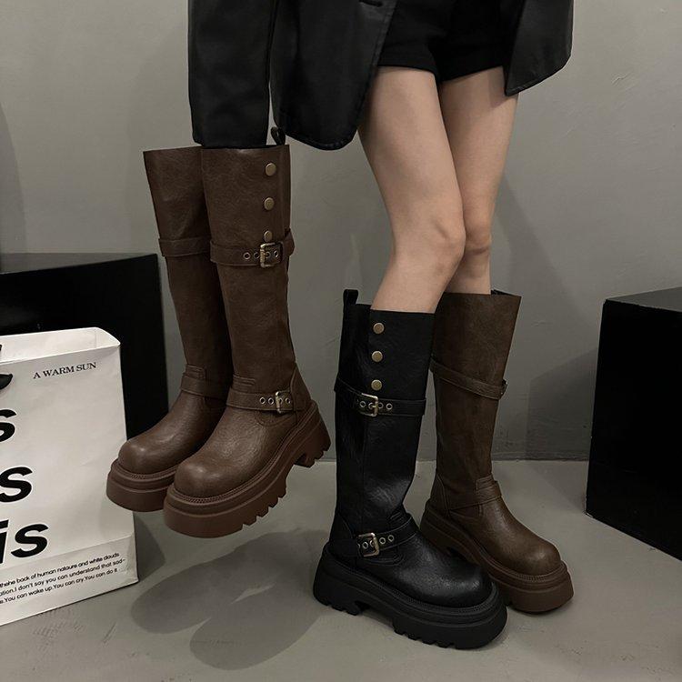 Leather But Knee Boots Women's 2025 Autumn New Retro Handsome Versatile Maillard Platform Knight Boots Winter