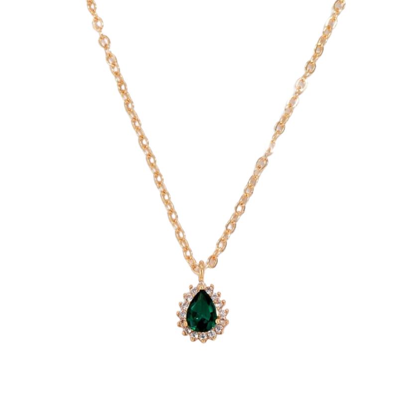 Exquisite Green Teardrop Synthetic Zircon Inlaid Necklace, Gold Tone Fashion Accessory Gift for Women