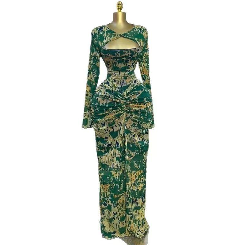 European and American Fashion Sexy Hollow out Long sleeve dress Print Long dress Sexy Hollow Printed Dress