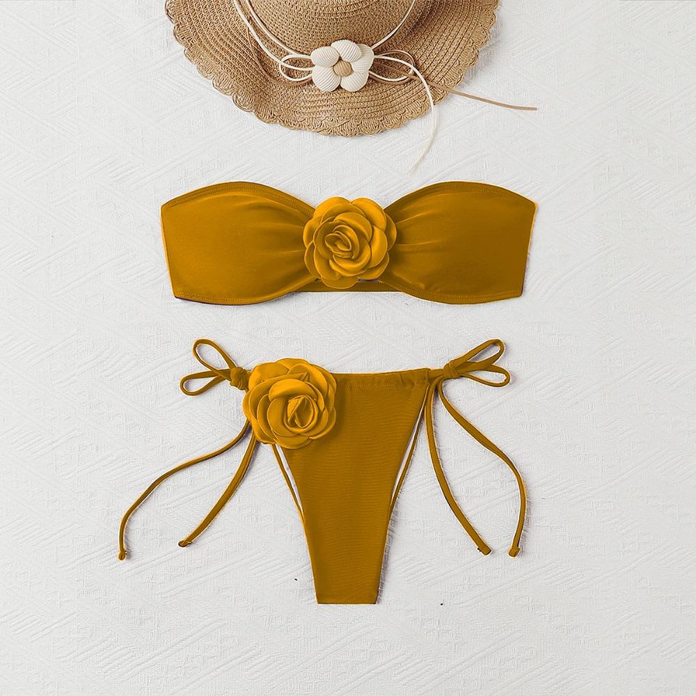 European and American Solid Color Rose Tube Top Bikini Drawstring Strap Split Swimsuit