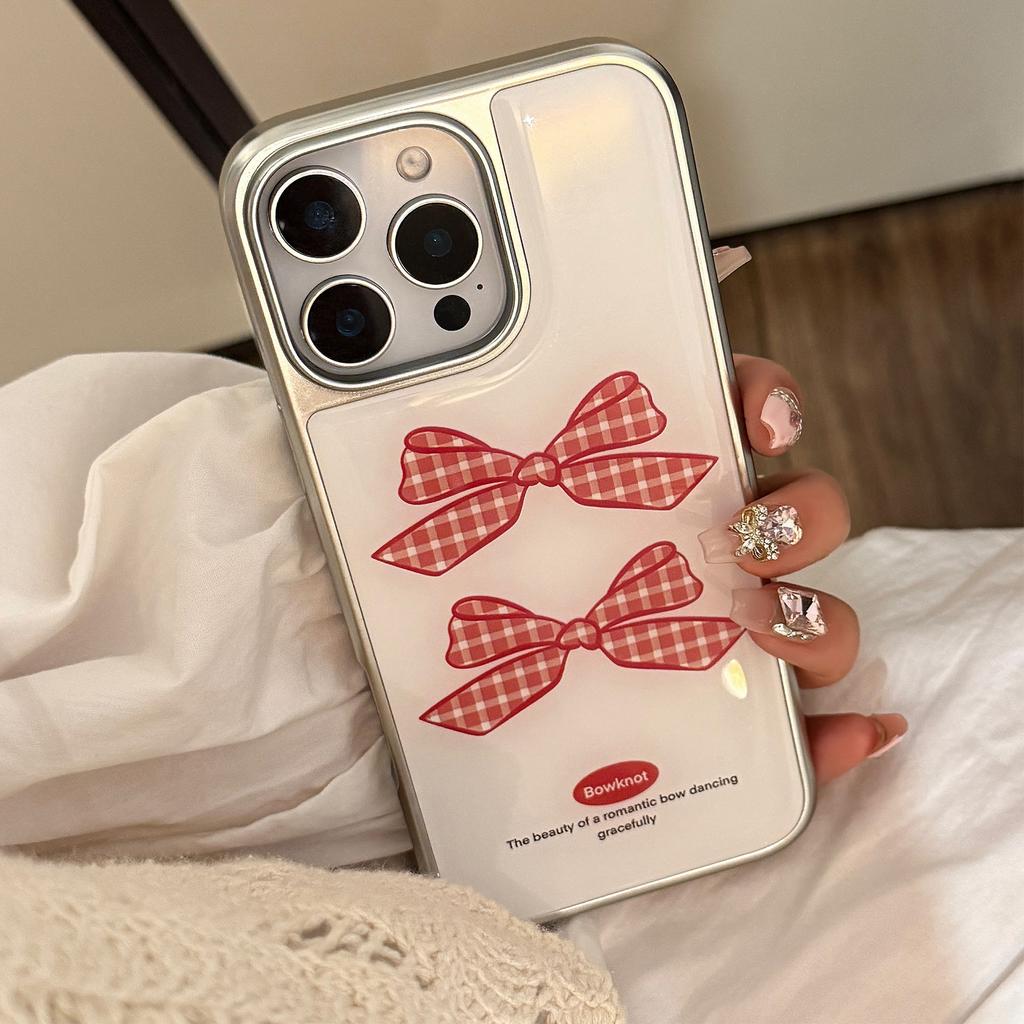Red Checkered Bow Suitable for Apple 15promax Mobile Phone Case IPhone 16 Drop Glue 13 Huawei 14 Temperament