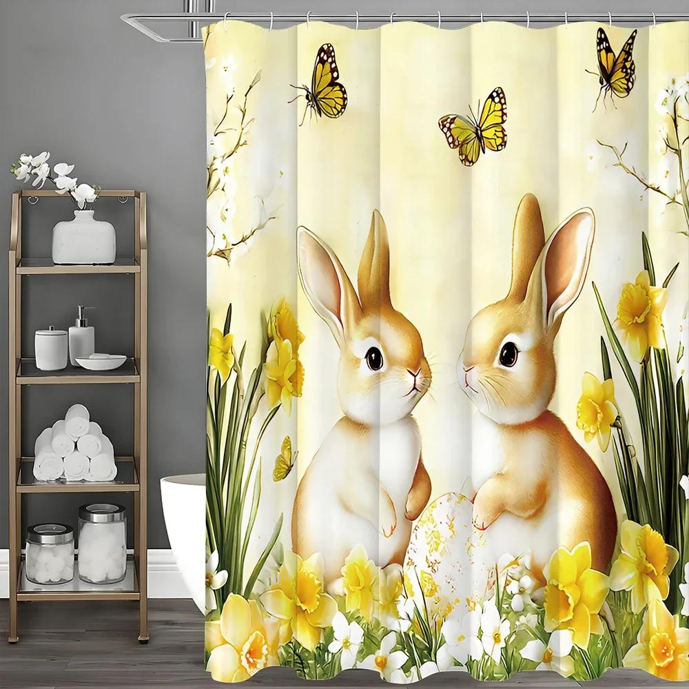 ~O~Easter Bunny Spring Shower Curtain, Cute Bunny Watercolor Greens Rustic Farmhouse Holiday Polyester Bathroom Decor with Hooks