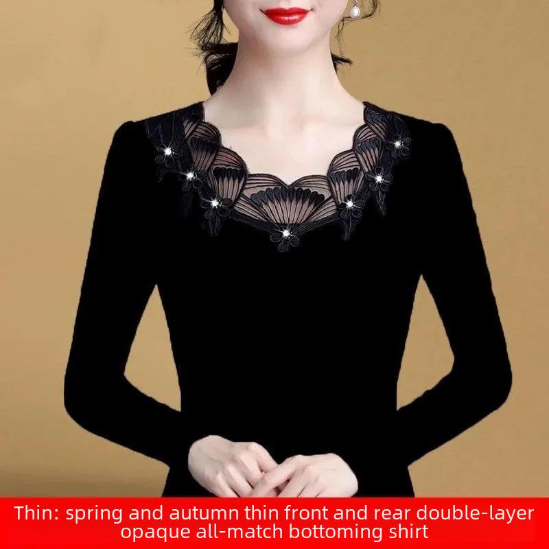 Korejské krajkové síťované tričko s dlouhým rukávem s diamantovým vzorem pro ženy - 2022 Podzim/Zima Trendy styl