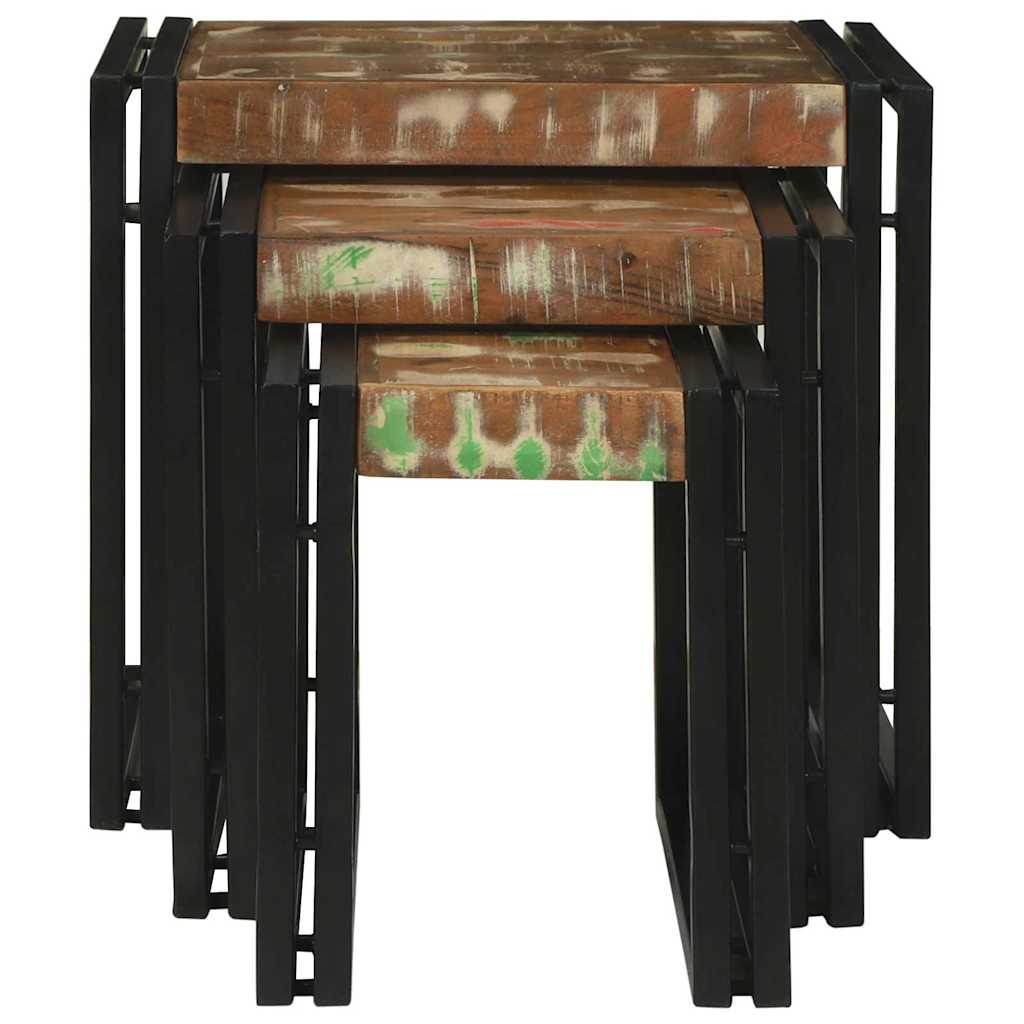 Nesting Table Set 3 Pcs Solid Recycled Wood and Metal