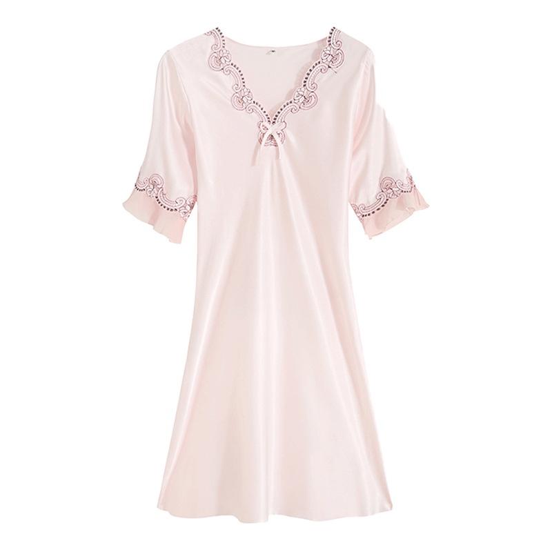 Camisón de manga corta fino de seda de hielo para mujer, ropa Sexy para el hogar de seda de imitación