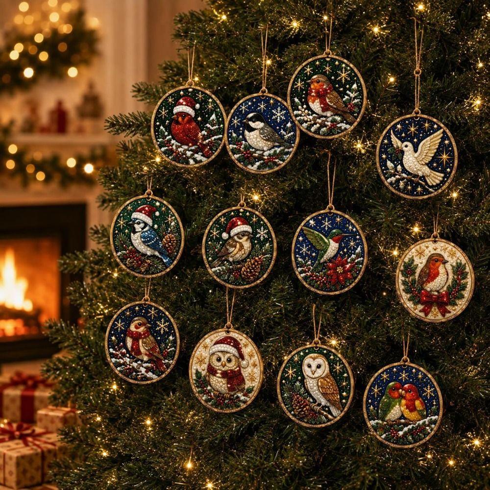 12pcs Christmas Hanging Ornaments Acrylic Board Rhinestone Decoration Set Fireplace Wreath