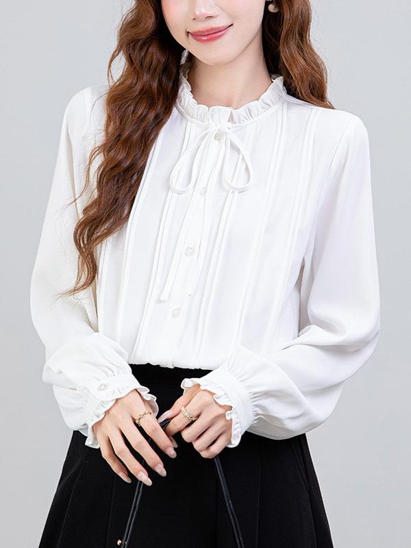 2026 Spring French Style Women's White Ruffle Shirt - Elegant Layered Design