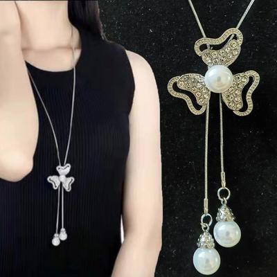 Korean Version Alloy Crystal Sweater Chain Women's Pearl Necklace Versatile Flow Autumn and Winter Suchang Accessories Pendant