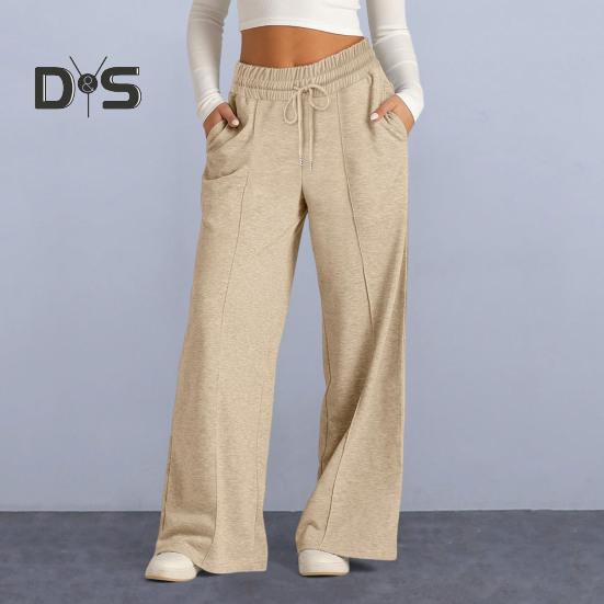 Women Sweatpants Elastic Mid-rise Adjustable Drawstring Straight Wide Leg Jogger Athletic Pants with Pockets Loose Fit Yoga Trousers