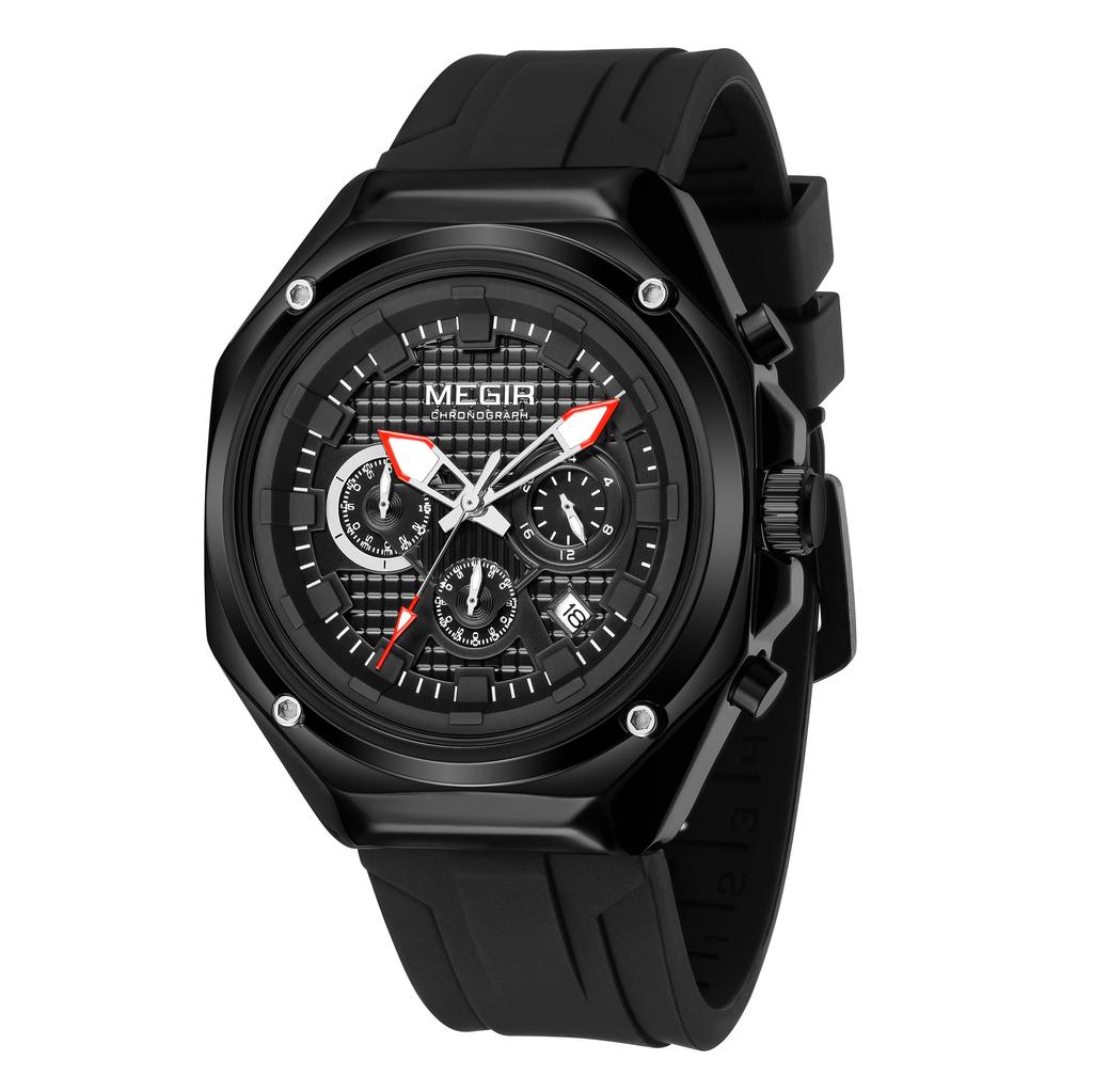 Megir Fashion Sport Watches for Men Silicone Strap Waterproof Military Quartz Chronograph Clock Man Wristwatch with Date 24-hour 8118