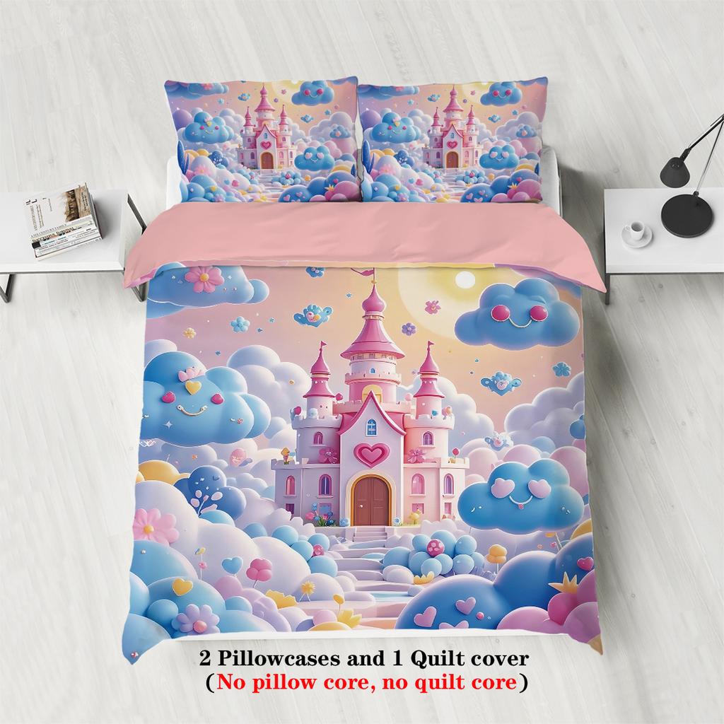 3pcs Pink Castle in The Sky Pattern Print Duvet Cover Set, Soft,comfortable and Breathable,for Bedroom,Hotel,Best Gift for Girls