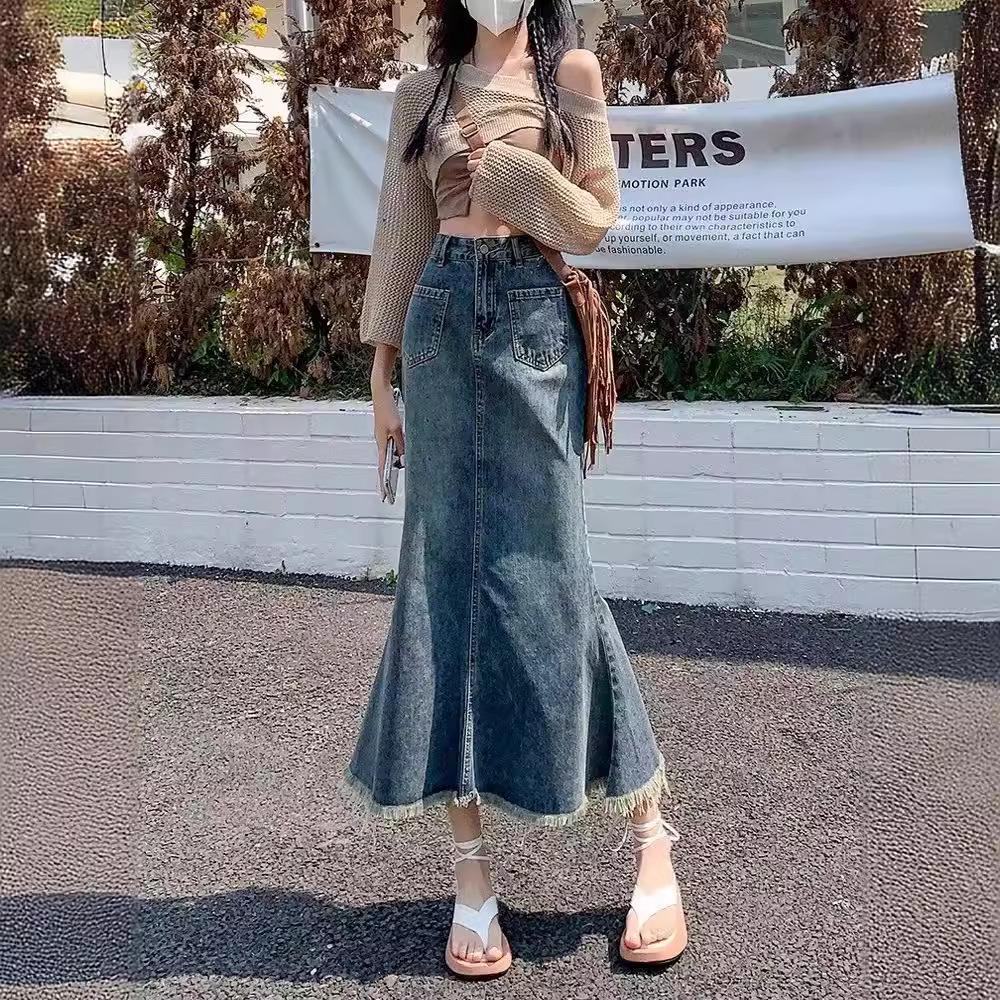 2024 Autumn Women's High Waist Retro Denim Fishtail Skirt