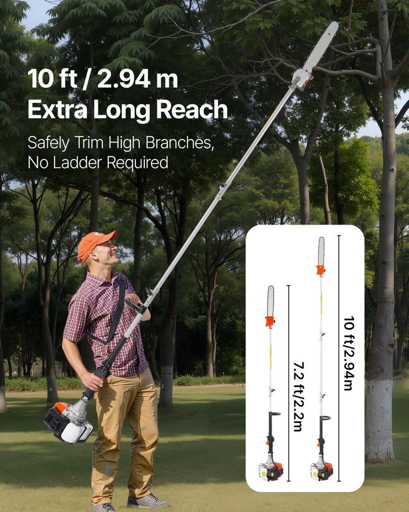 Gas Pole Saw, 33CC 2 Stroke Gas Powered Pole Saws with 35.6 Cm Cutting Bar, Cordless Tree Trimmer with 850ml Fuel Tank, 2.2 To 2.94 M Extendable,