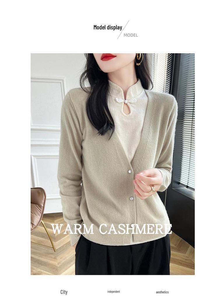 Frog Button Stand-Up Collar Cashmere Sweater - Chinese Style, Women's Autumn/Winter High-End Pullover