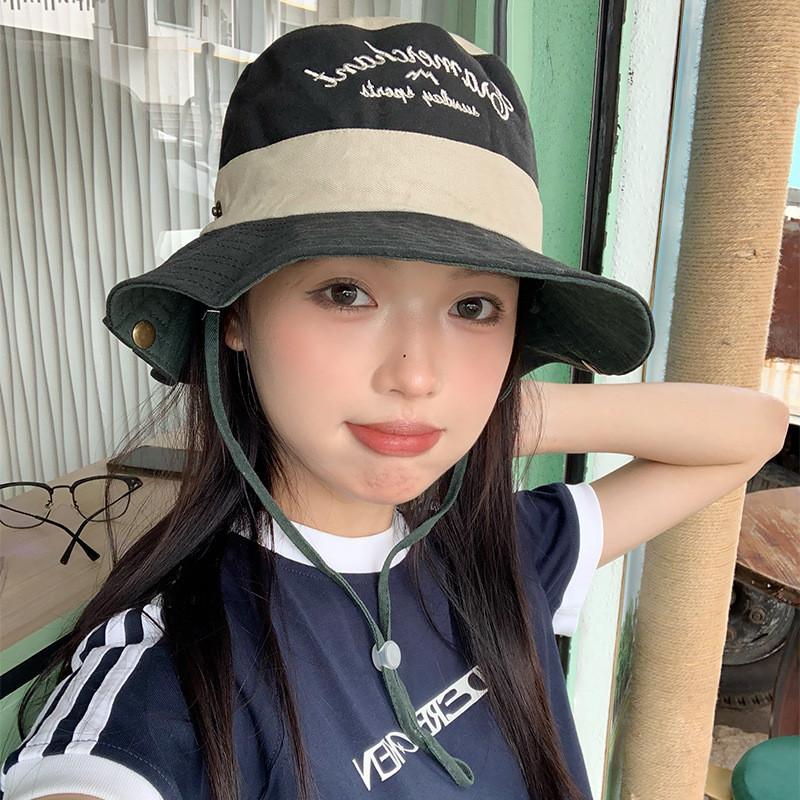 Stylish Japanese Color Block Embroidered Fisherman Hat For Women Summer Travel Sun Protection