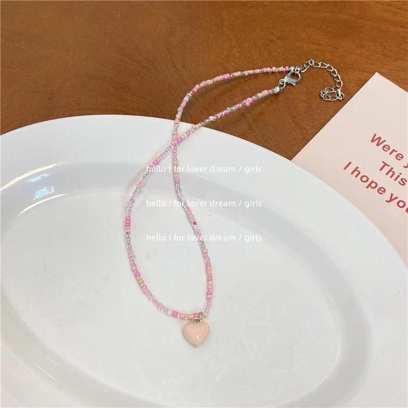 New Versatile Mori Candy Color Love Rice Bead Necklace Beaded Girl Sweet Temperament Clavicle Chain Woman