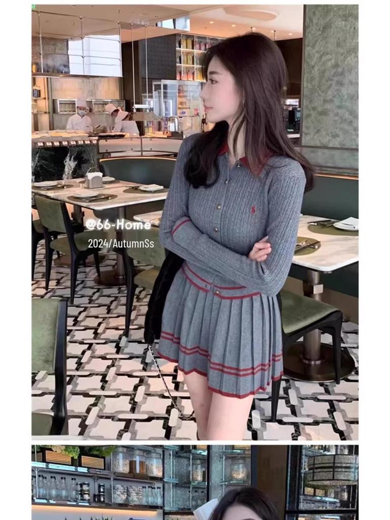 Preppy Two-Piece Knit Cardigan & Pleated Skirt Set with Polo Collar