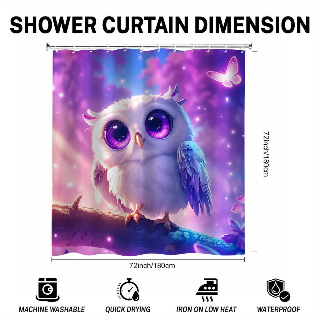 Whimsical Owl Shower Curtain - With Butterflies, Pastel Fantasy Design, Durable Fabric, Ideal For Kids' Bathroom Decor