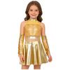Set Costume da Danza Jazz per Bambini Scintillante Paillettes Crop Top Schiena con Foro Senza Maniche Taglie Forti Gonna a Zampa Metallizzata e Guanti con Frange di Paillettes Gara