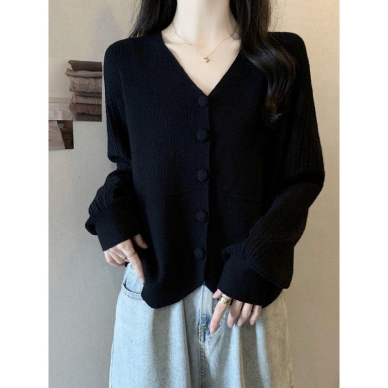 Belly Covering V-neck Single Breasted Loose-Fit Knitting Cardigan