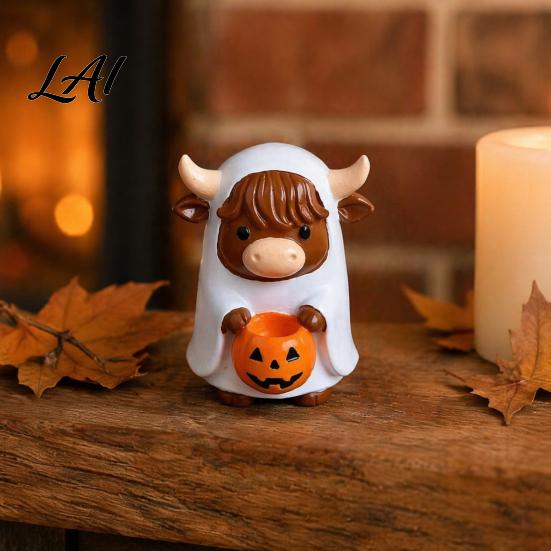 Home Entrance Accents Highland Cow Ghost Figurine with Pumpkin Candy Bowl Cute Halloween Small Treat Storage Tabletop Decor for Farmhouse Decoration